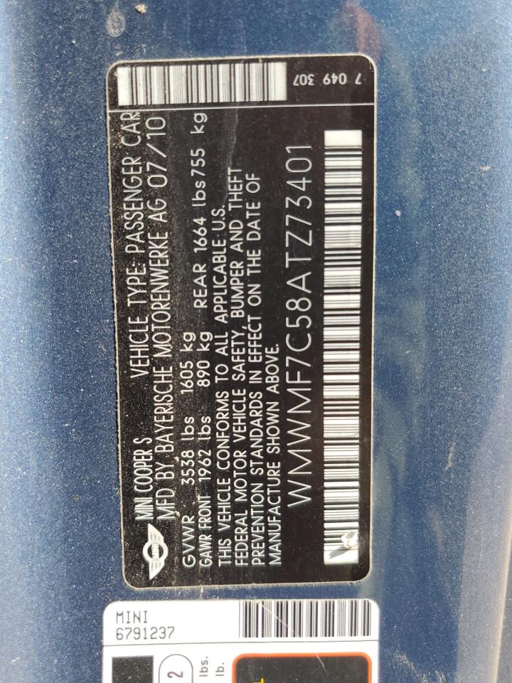 2010 Mini Cooper S VIN: WMWMF7C58ATZ73401 Lot: 81931295