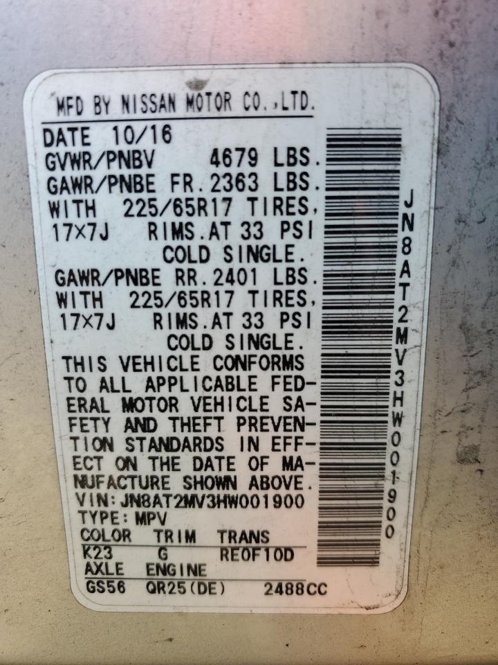 2017 Nissan Rogue S VIN: JN8AT2MV3HW001900 Lot: 85714495