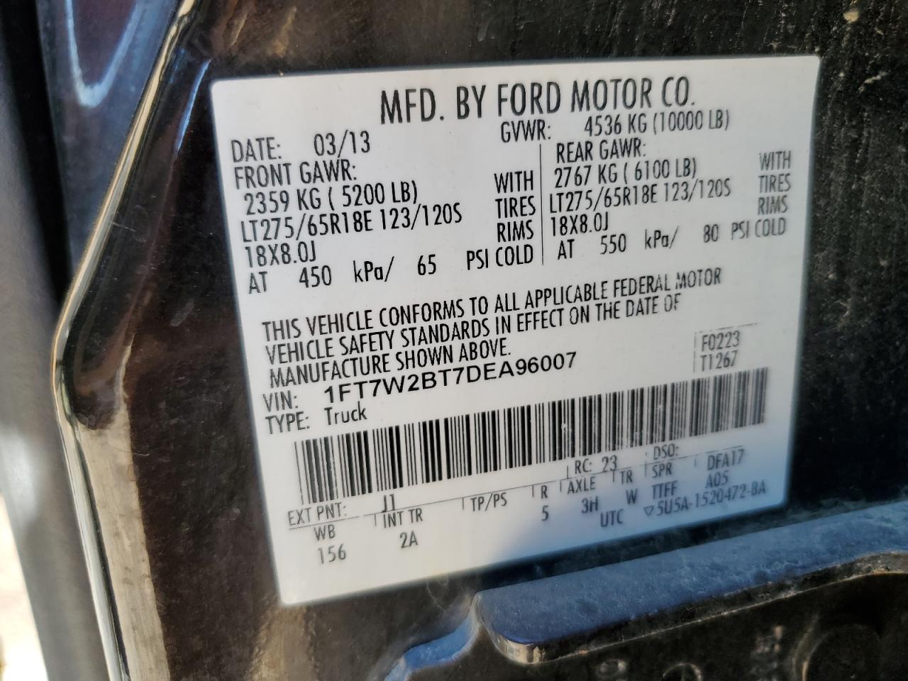 2013 Ford F250 Super Duty VIN: 1FT7W2BT7DEA96007 Lot: 87277505