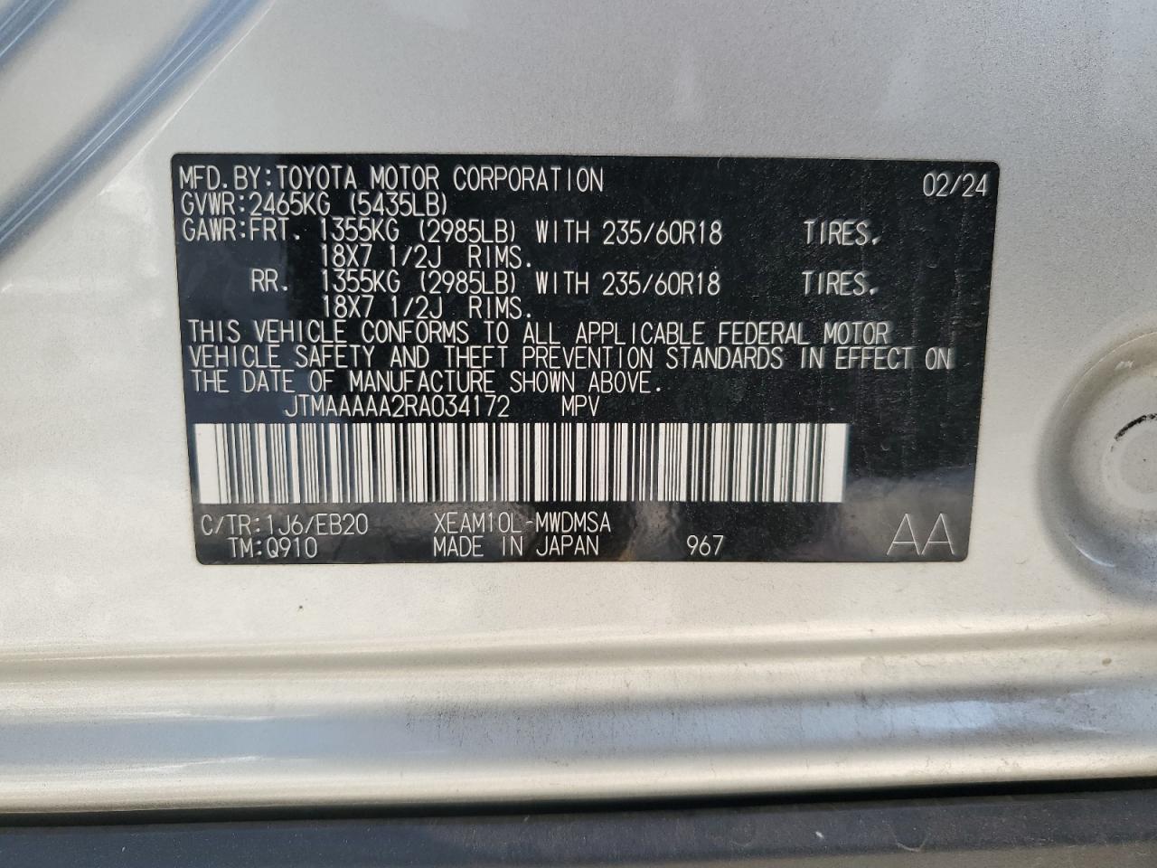 2024 Toyota Bz4X Xle VIN: JTMAAAAA2RA034172 Lot: 87262865