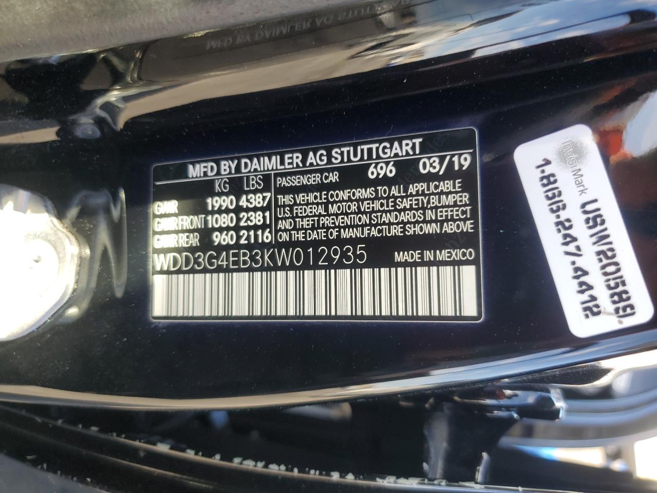 2019 Mercedes-Benz A 220 VIN: WDD3G4EB3KW012935 Lot: 91213075