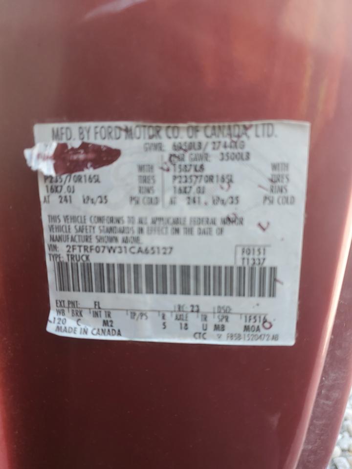 2001 Ford F150 VIN: 2FTRF07W31CA65127 Lot: 85186005