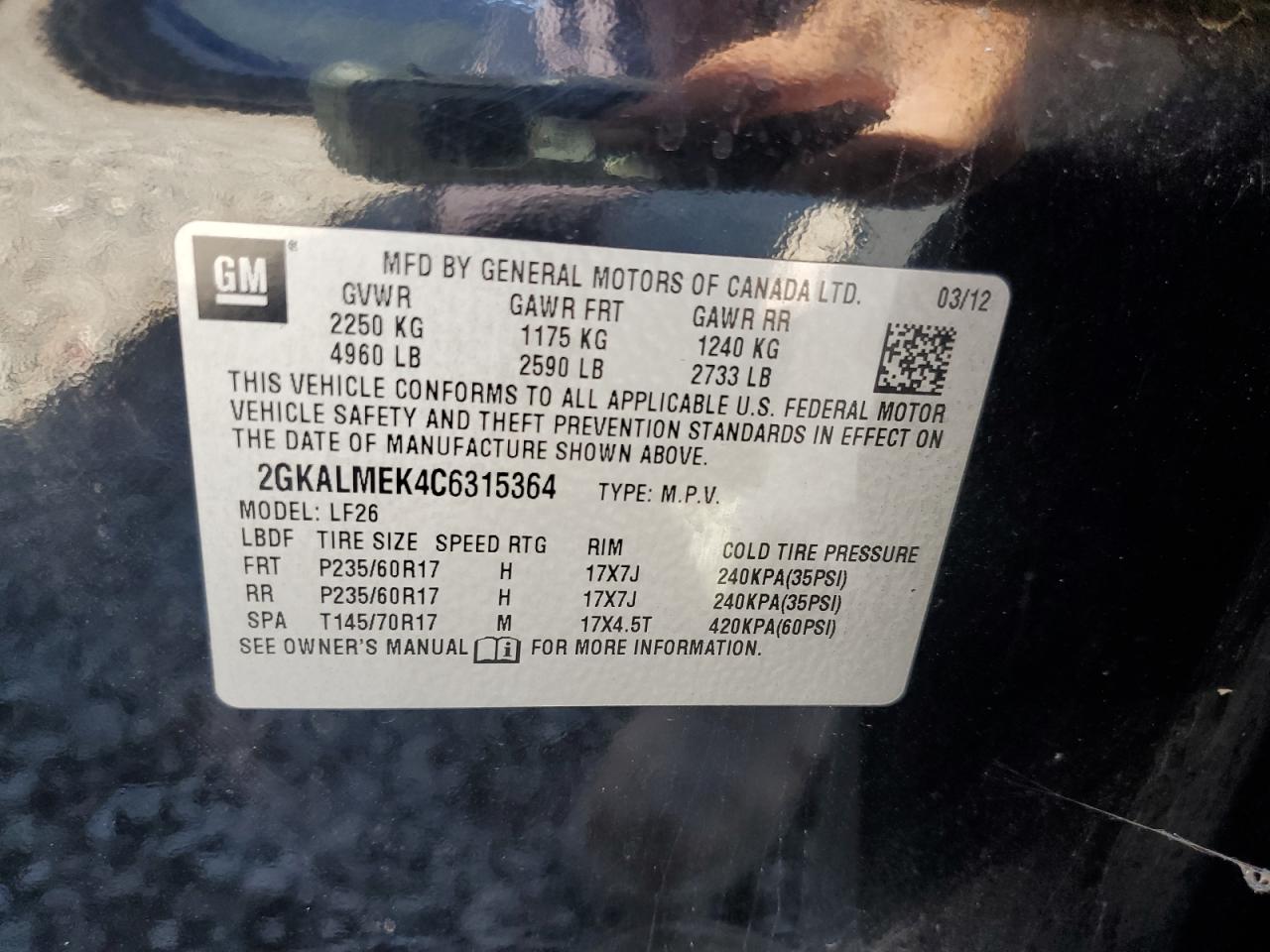 2012 GMC Terrain Sle VIN: 2GKALMEK4C6315364 Lot: 85903095