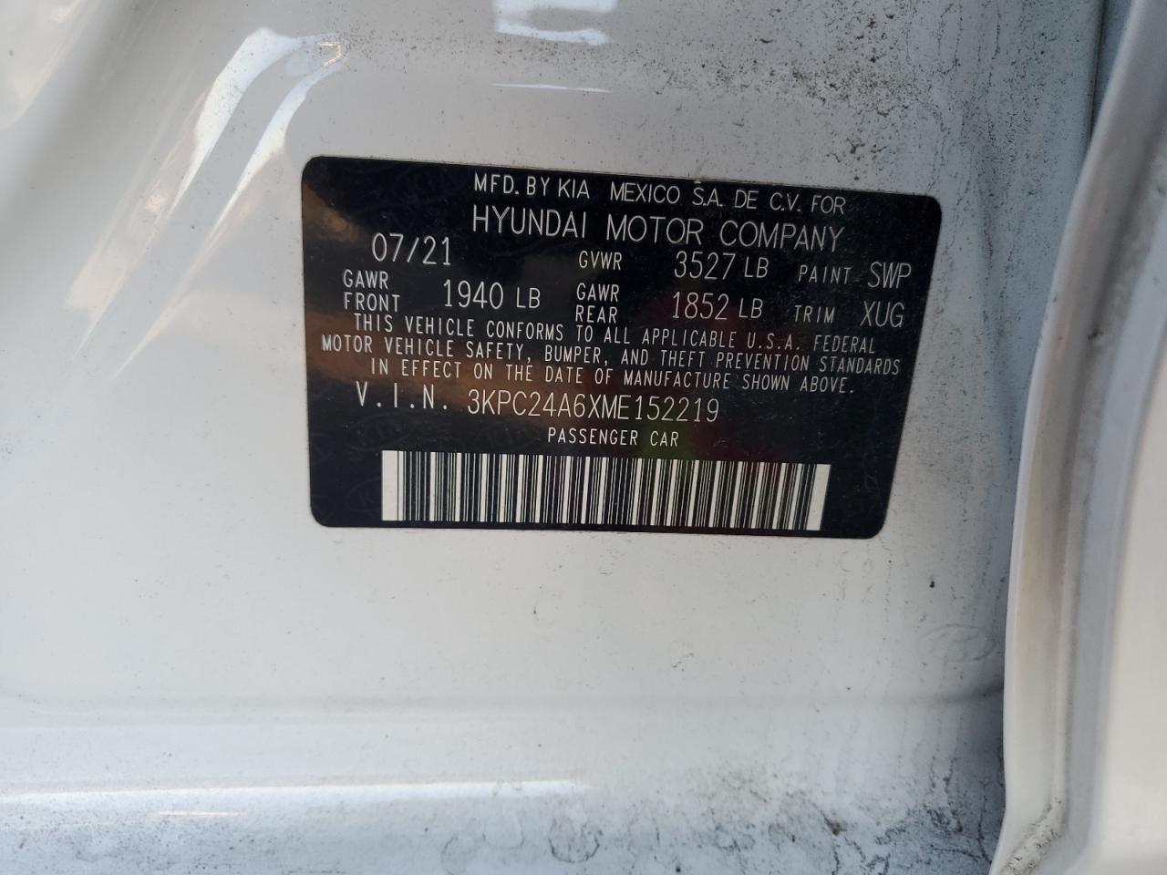 2021 Hyundai Accent Se VIN: 3KPC24A6XME152219 Lot: 89932785