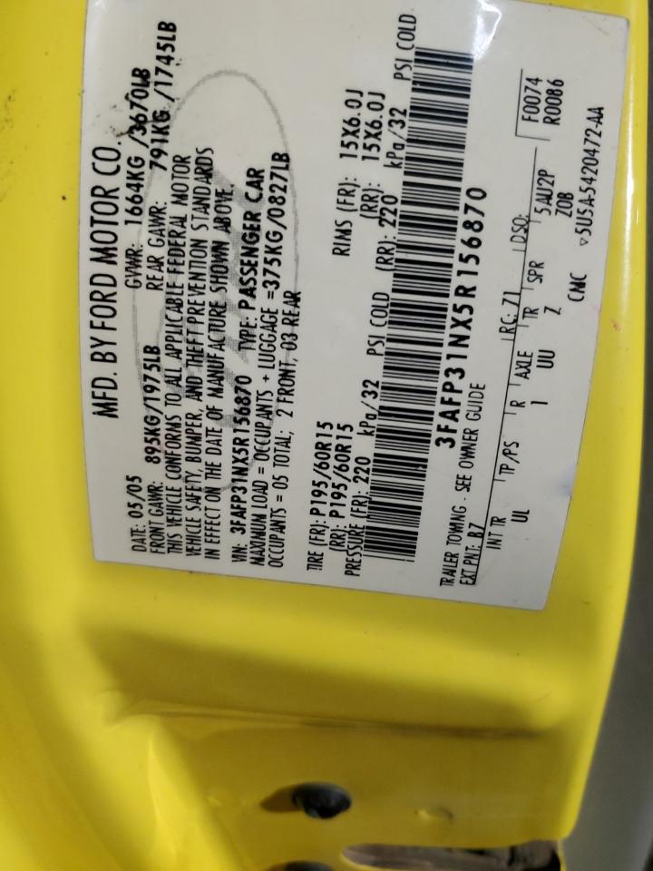 2005 Ford Focus Zx3 VIN: 3FAFP31NX5R156870 Lot: 86586985