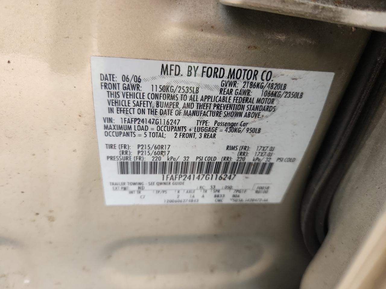 2007 Ford Five Hundred Sel VIN: 1FAFP24147G116247 Lot: 85873885