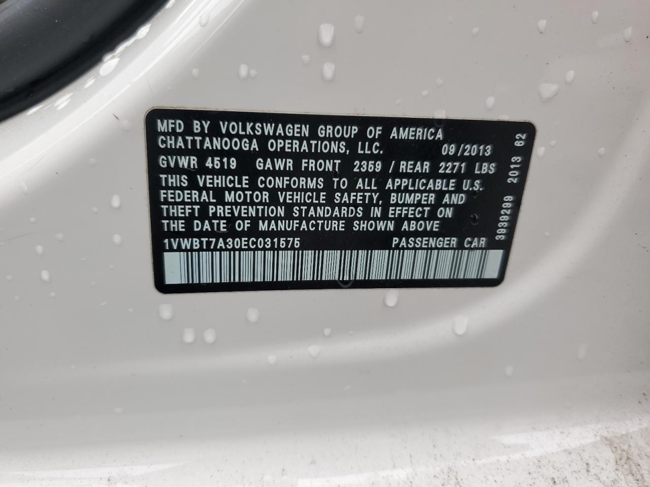2014 Volkswagen Passat Se VIN: 1VWBT7A30EC031575 Lot: 86528225