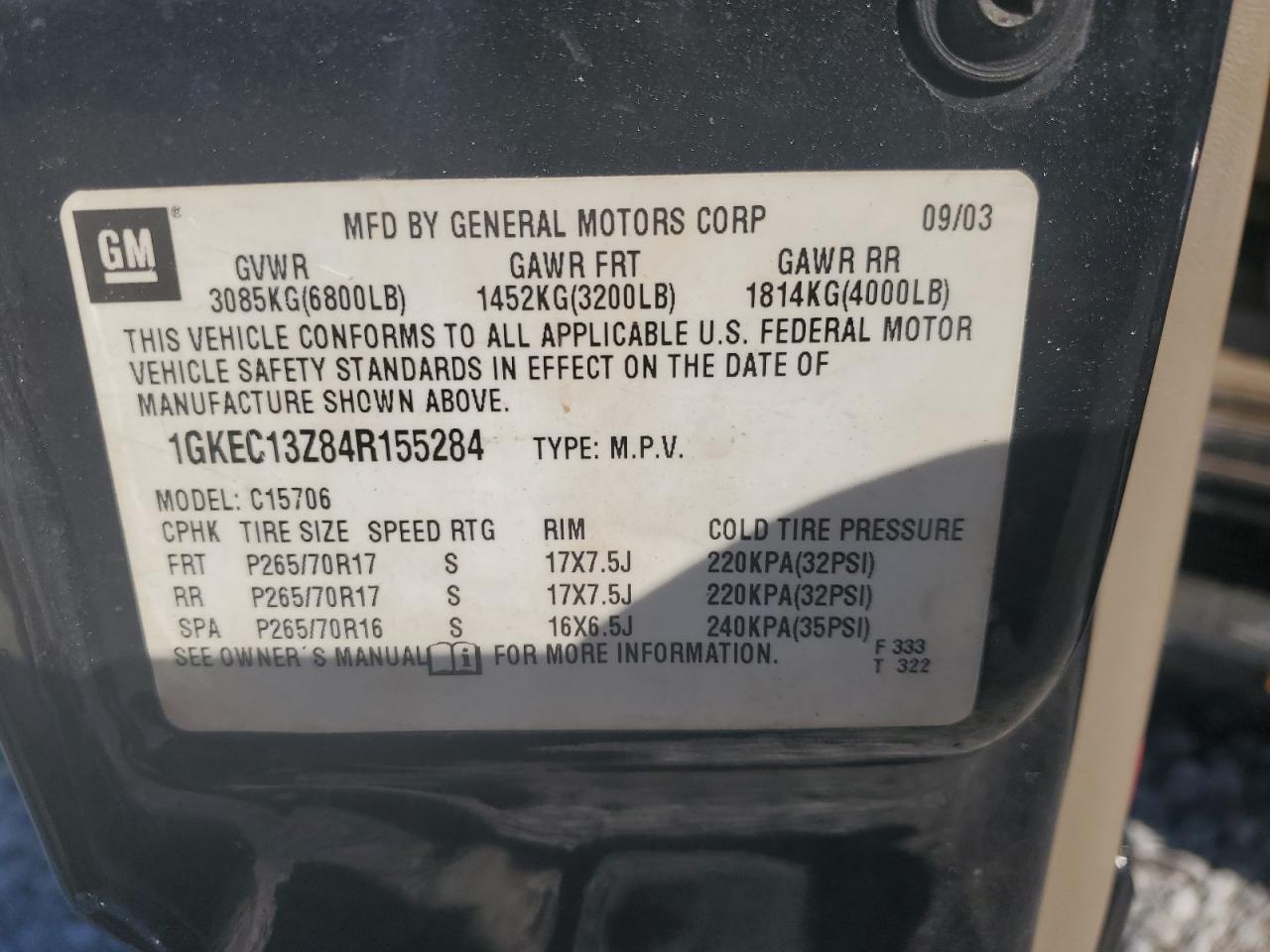 2004 GMC Yukon VIN: 1GKEC13Z84R155284 Lot: 89679625