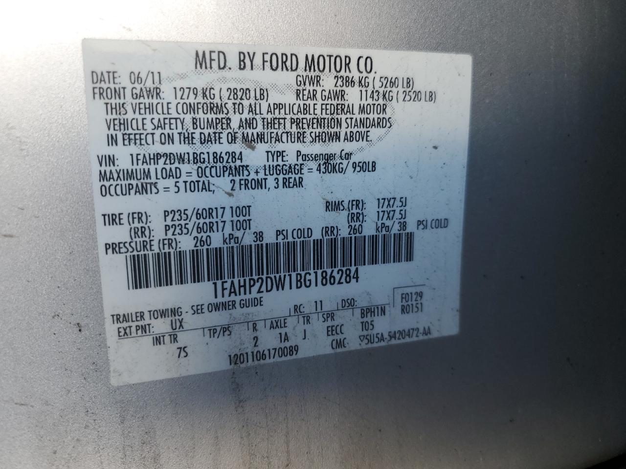 2011 Ford Taurus Se VIN: 1FAHP2DW1BG186284 Lot: 90042935