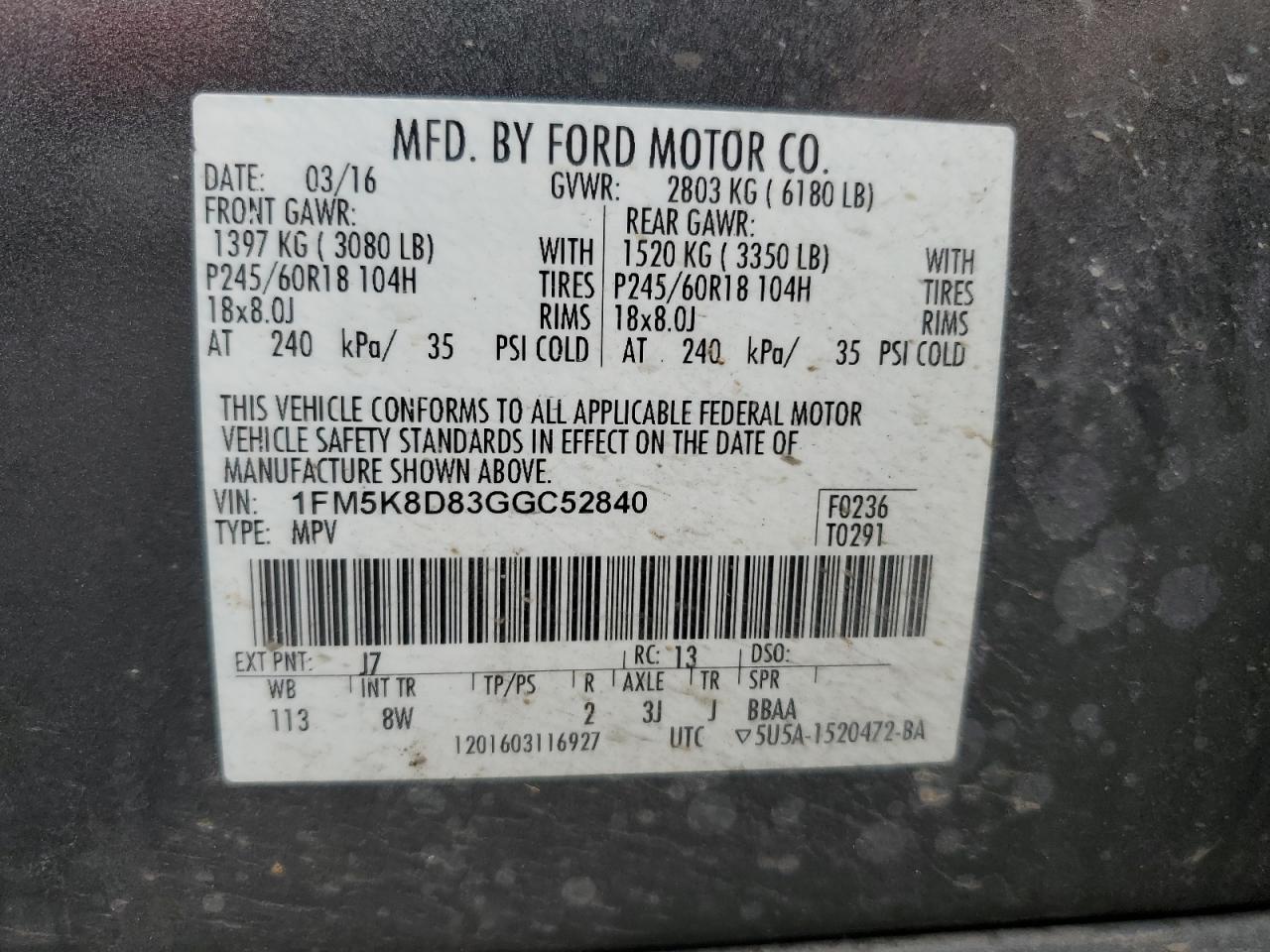 2016 Ford Explorer Xlt VIN: 1FM5K8D83GGC52840 Lot: 86670955