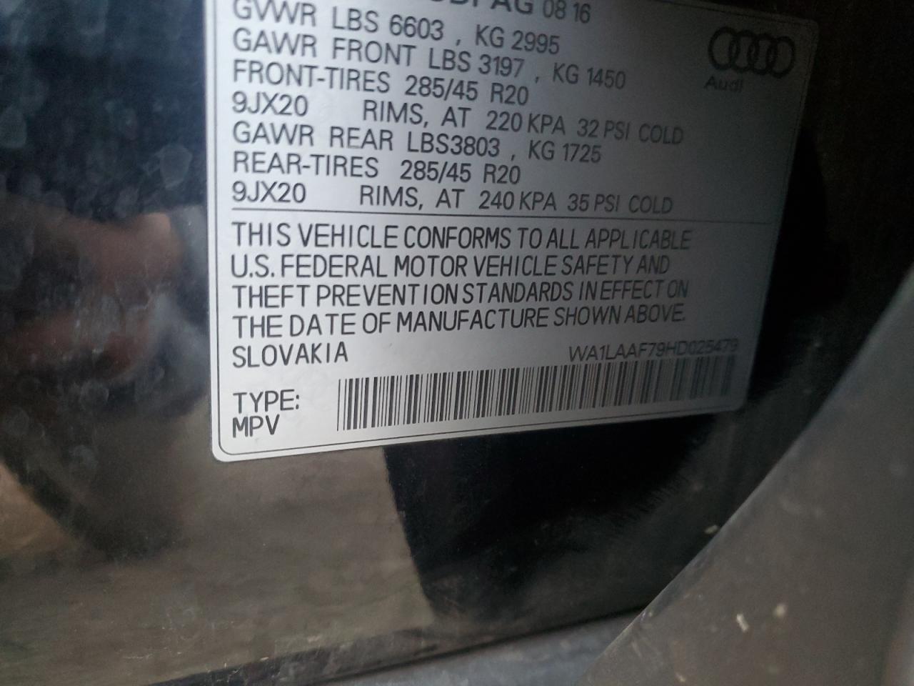 2017 Audi Q7 Premium Plus VIN: WA1LAAF79HD025479 Lot: 87469185