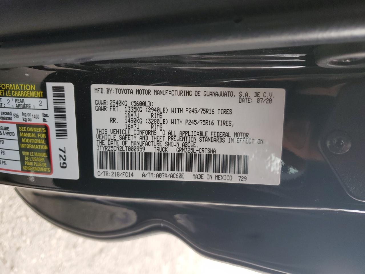 2020 Toyota Tacoma Access Cab VIN: 3TYRZ5CN2LT000959 Lot: 86298595