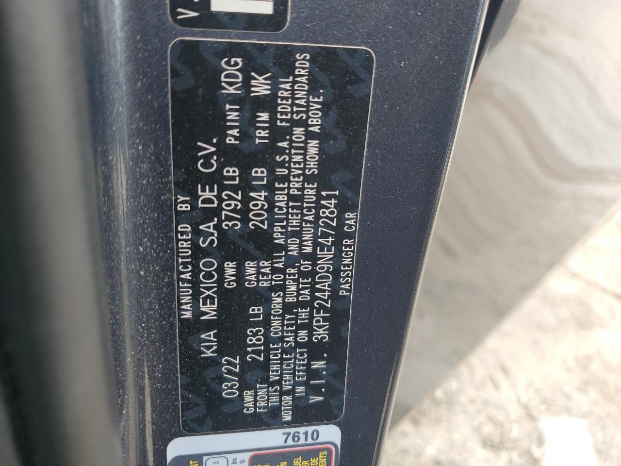 2022 Kia Forte Fe VIN: 3KPF24AD9NE472841 Lot: 90511825