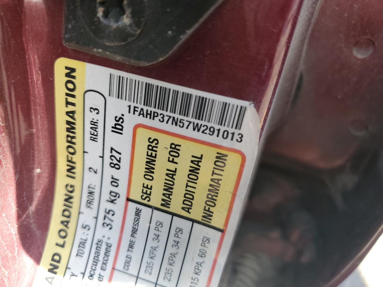 2007 Ford Focus Zx5 VIN: 1FAHP37N57W291013 Lot: 82486935