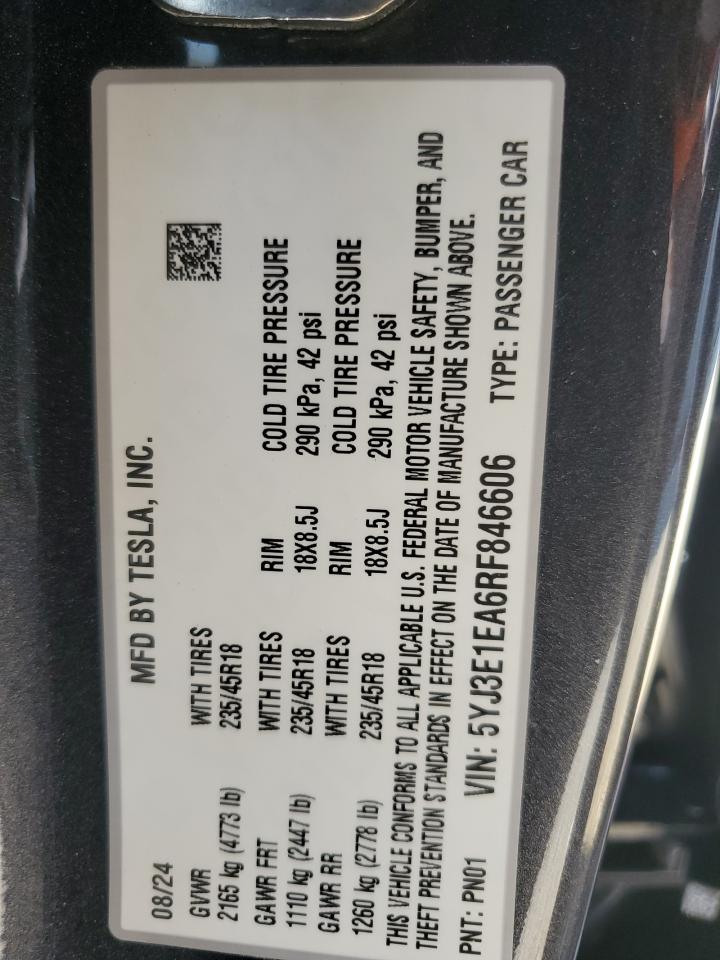 2024 Tesla Model 3 VIN: 5YJ3E1EA6RF846606 Lot: 84934985
