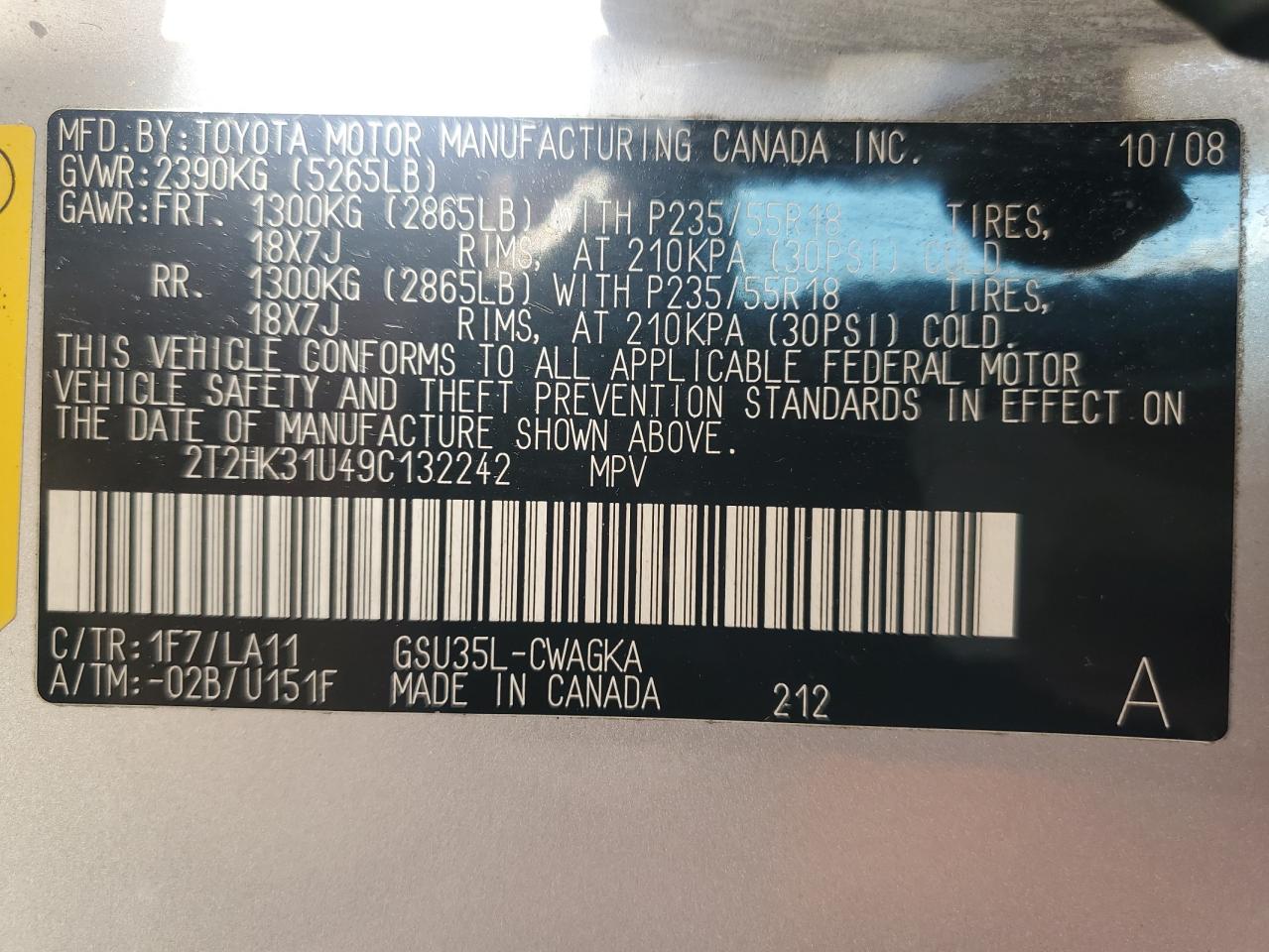 2009 Lexus Rx 350 VIN: 2T2HK31U49C132242 Lot: 82743055