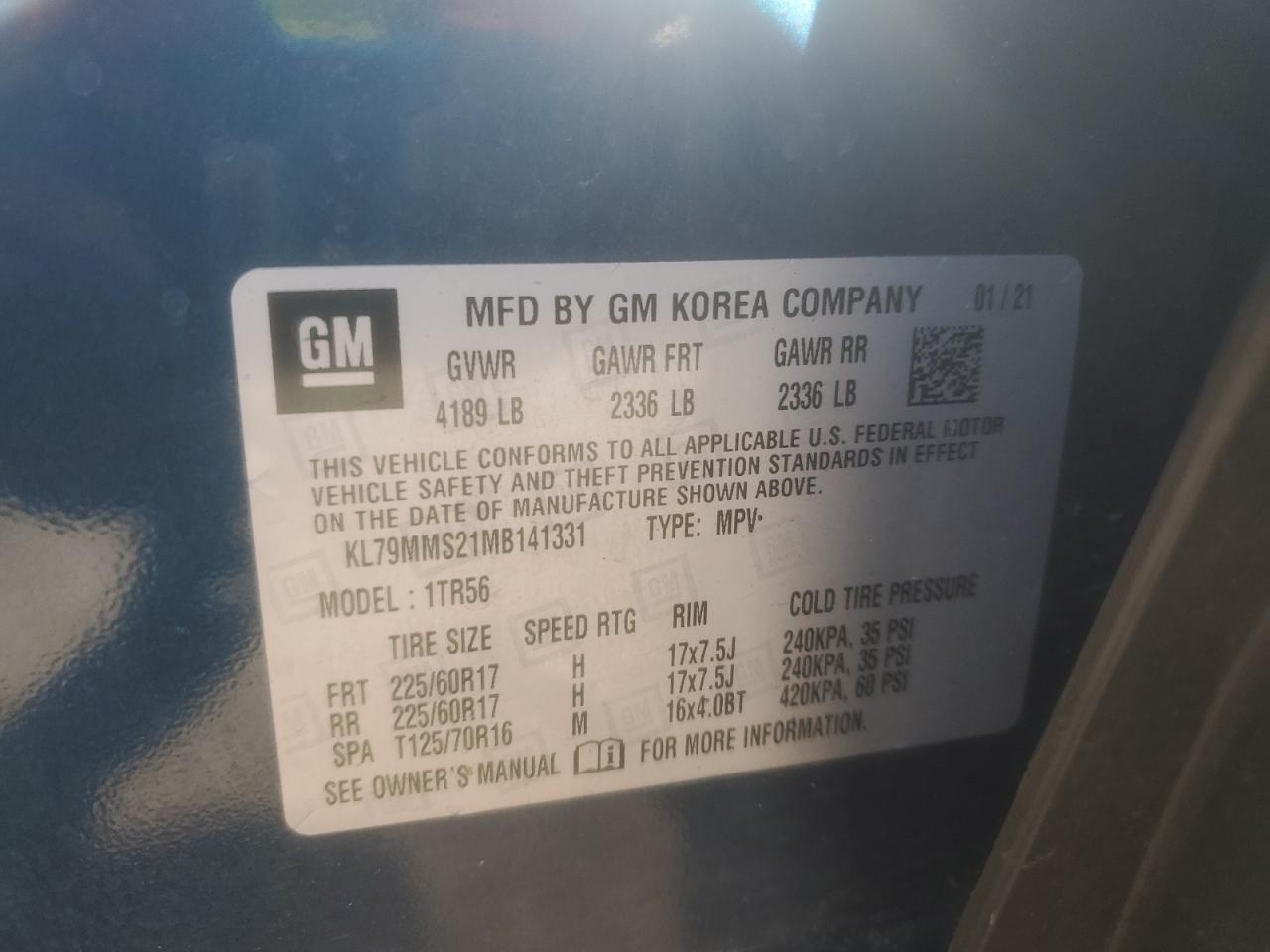 2021 Chevrolet Trailblazer Ls VIN: KL79MMS21MB141331 Lot: 85861495