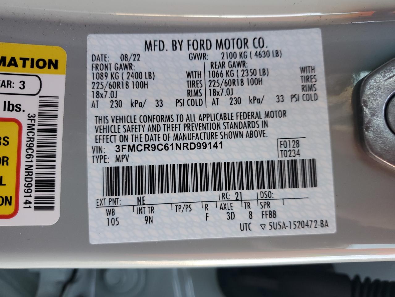 2022 Ford Bronco Sport Outer Banks VIN: 3FMCR9C61NRD99141 Lot: 86139495