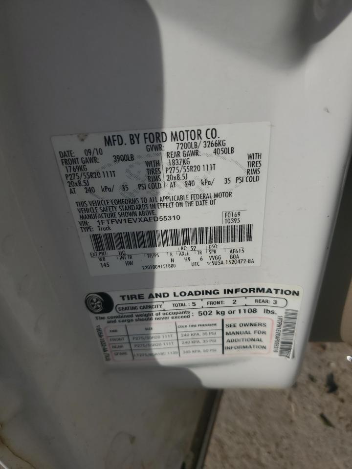 2010 Ford F150 Supercrew VIN: 1FTFW1EVXAFD55310 Lot: 87272135