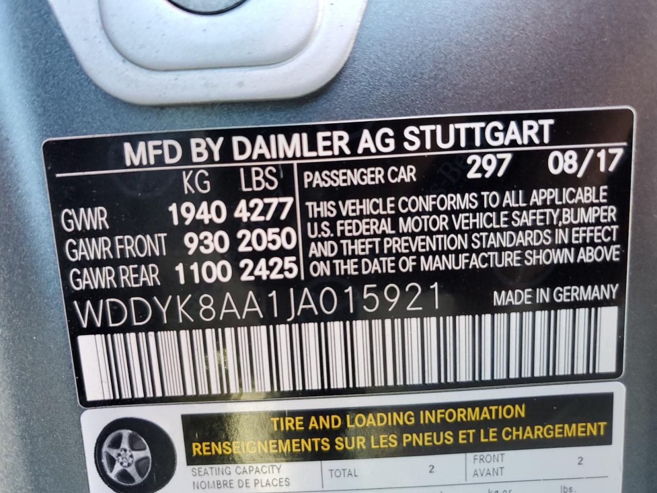 2018 Mercedes-Benz Amg Gt C VIN: WDDYK8AA1JA015921 Lot: 90222625