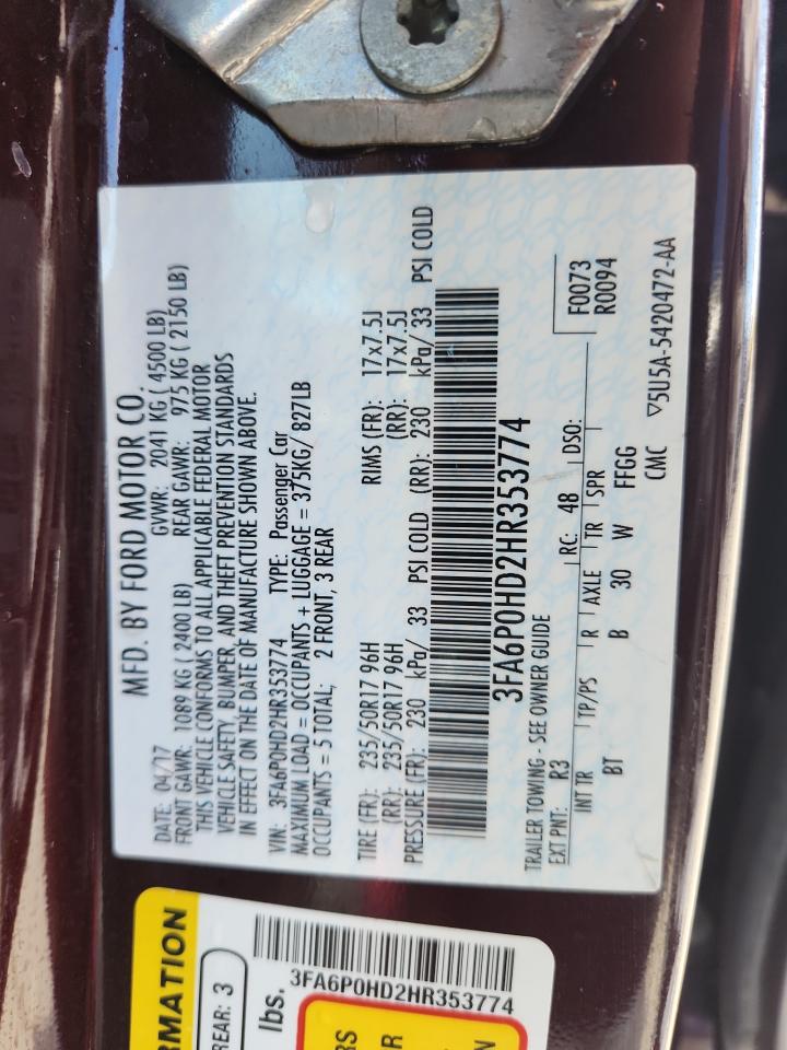 2017 Ford Fusion Se VIN: 3FA6P0HD2HR353774 Lot: 86232445