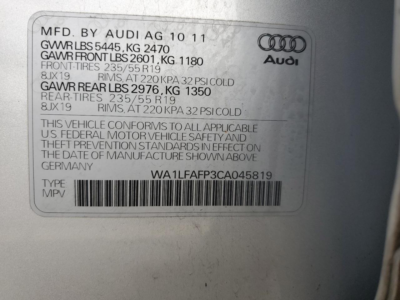 2012 Audi Q5 Premium Plus VIN: WA1LFAFP3CA045819 Lot: 86252755