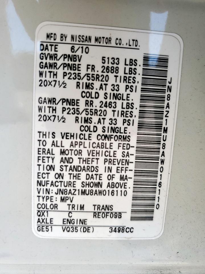 2010 Nissan Murano S VIN: JN8AZ1MU8AW016110 Lot: 82263225