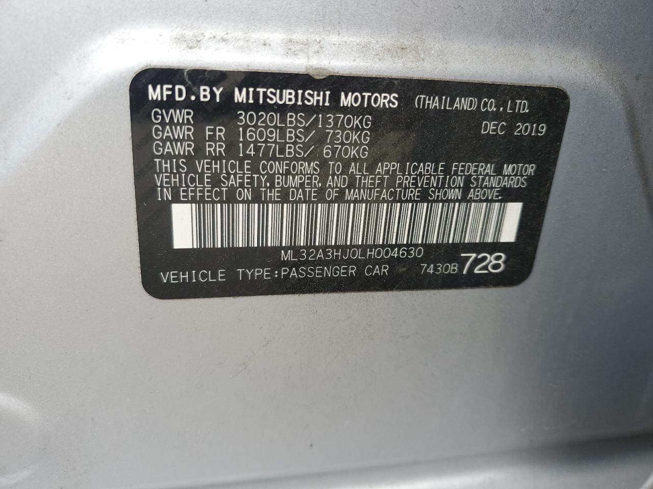 2020 Mitsubishi Mirage Es VIN: ML32A3HJ0LH004630 Lot: 89622075