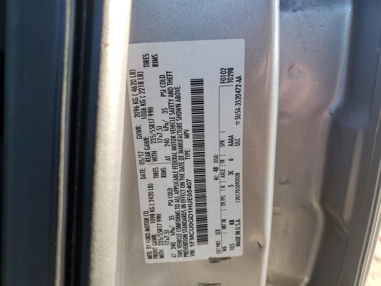 2017 Ford Escape Se VIN: 1FMCU0GD1HUE05407 Lot: 82572895