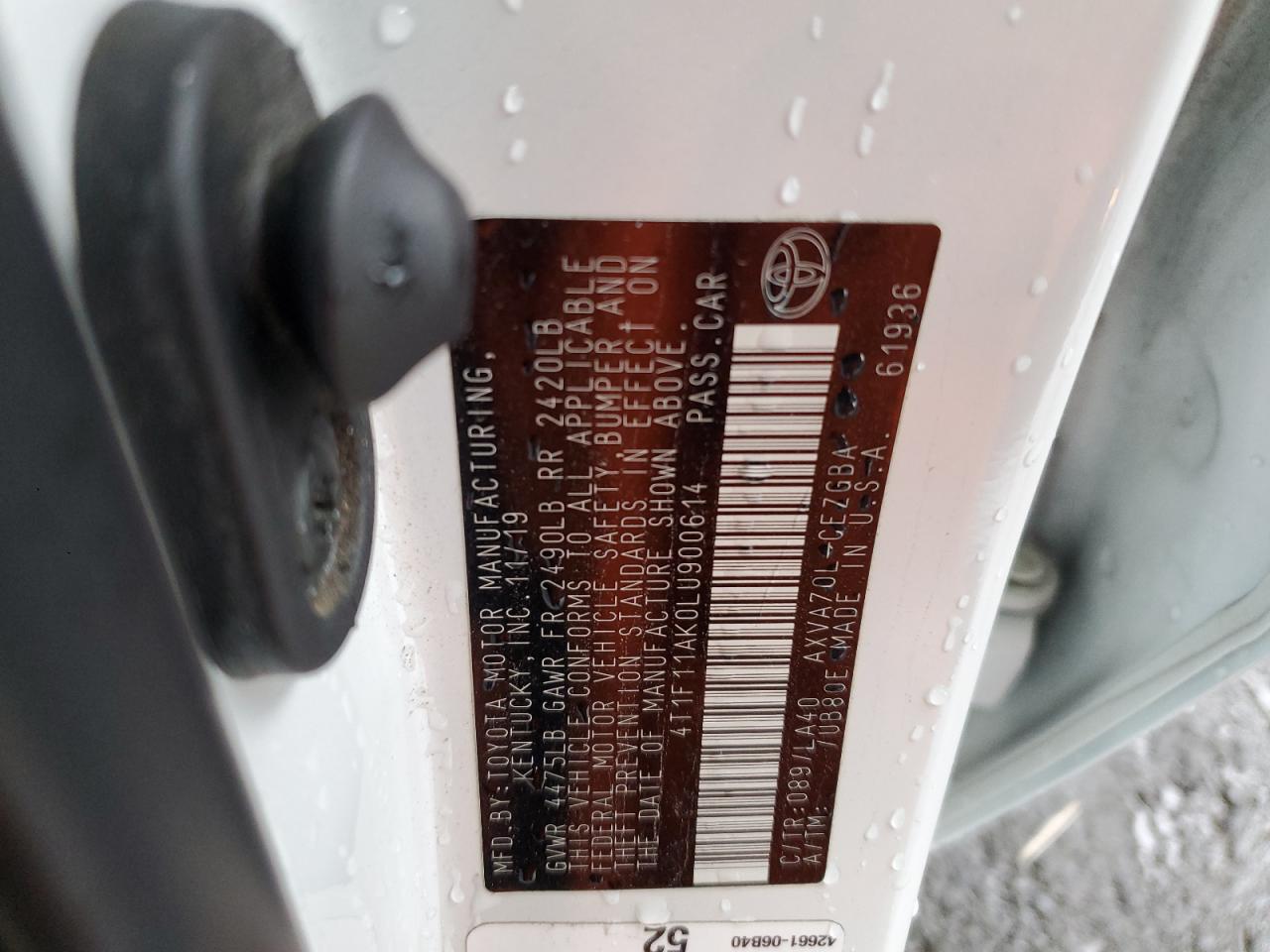 2020 Toyota Camry Xle VIN: 4T1F11AK0LU900614 Lot: 86473395