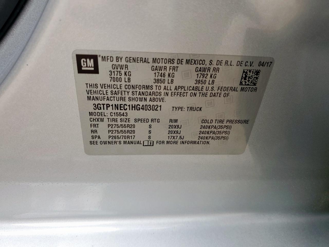 2017 GMC Sierra C1500 Slt VIN: 3GTP1NEC1HG403021 Lot: 85514695