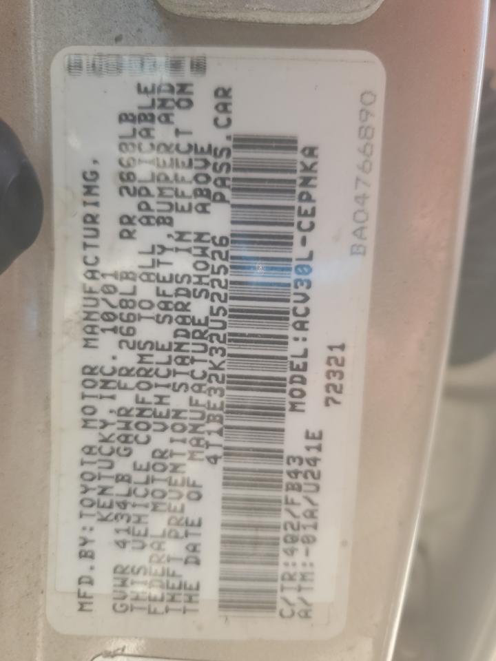 2002 Toyota Camry Le VIN: 4T1BE32K32U522526 Lot: 85570695