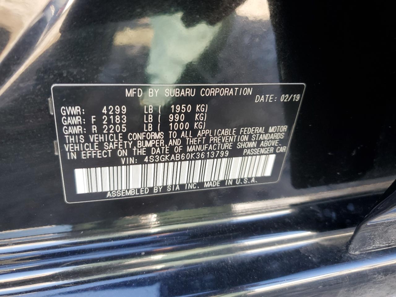 2019 Subaru Impreza VIN: 4S3GKAB60K3613799 Lot: 86553855