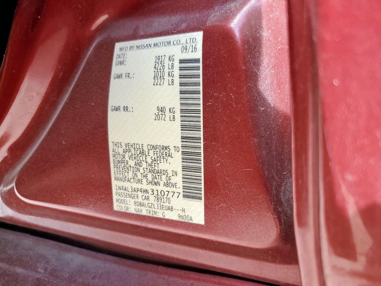 2017 Nissan Altima 2.5 VIN: 1N4AL3AP4HN310777 Lot: 82298525