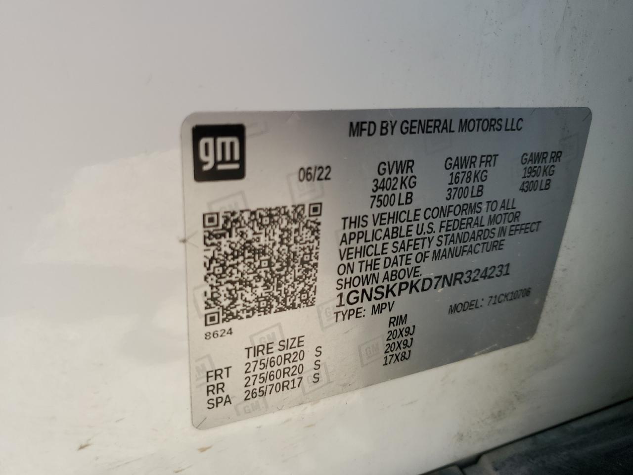 2022 Chevrolet Tahoe K1500 Z71 VIN: 1GNSKPKD7NR324231 Lot: 87375315