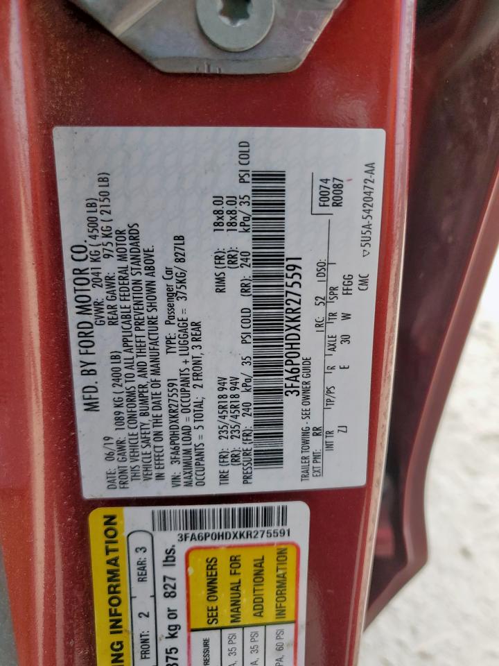 2019 Ford Fusion Se VIN: 3FA6P0HDXKR275591 Lot: 85935435