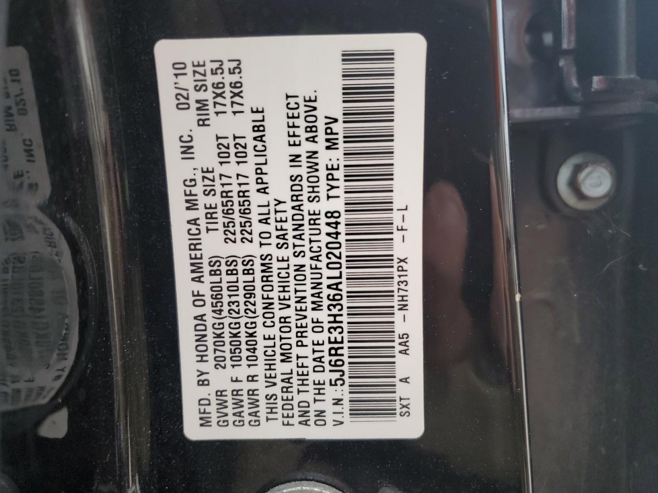 2010 Honda Cr-V Lx VIN: 5J6RE3H36AL020448 Lot: 82223655