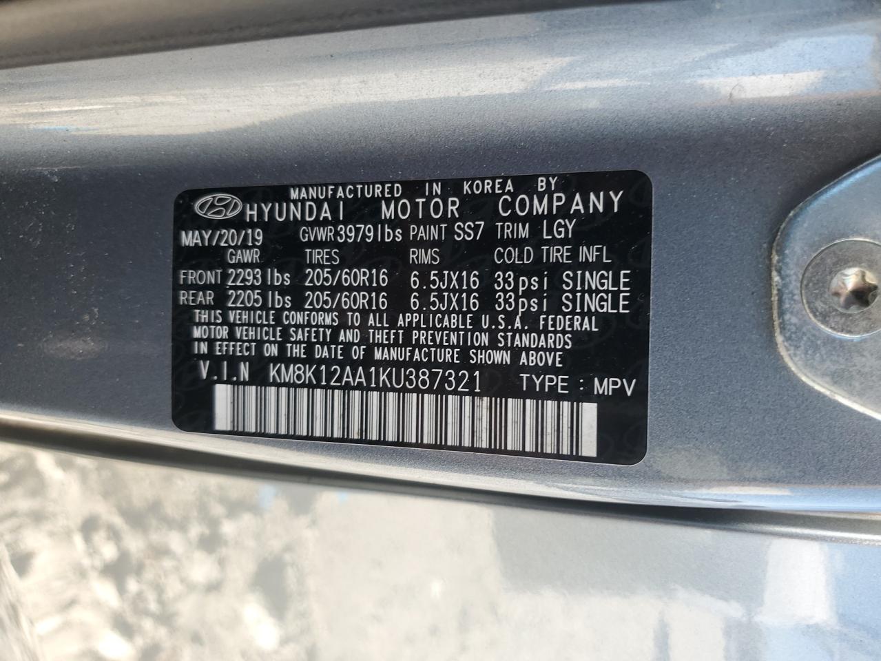 2019 Hyundai Kona Se VIN: KM8K12AA1KU387321 Lot: 82462835