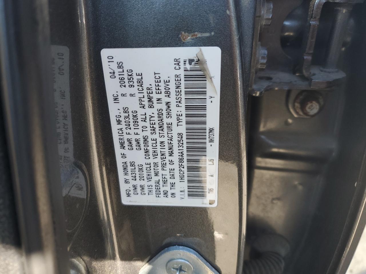 2010 Honda Accord Exl VIN: 1HGCP2F86AA132548 Lot: 85357985