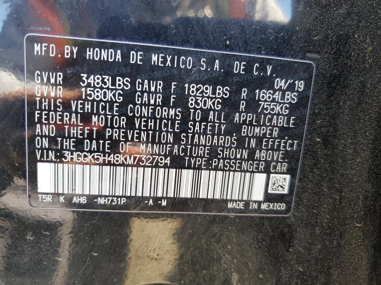 2019 Honda Fit Lx VIN: 3HGGK5H48KM732794 Lot: 84024855