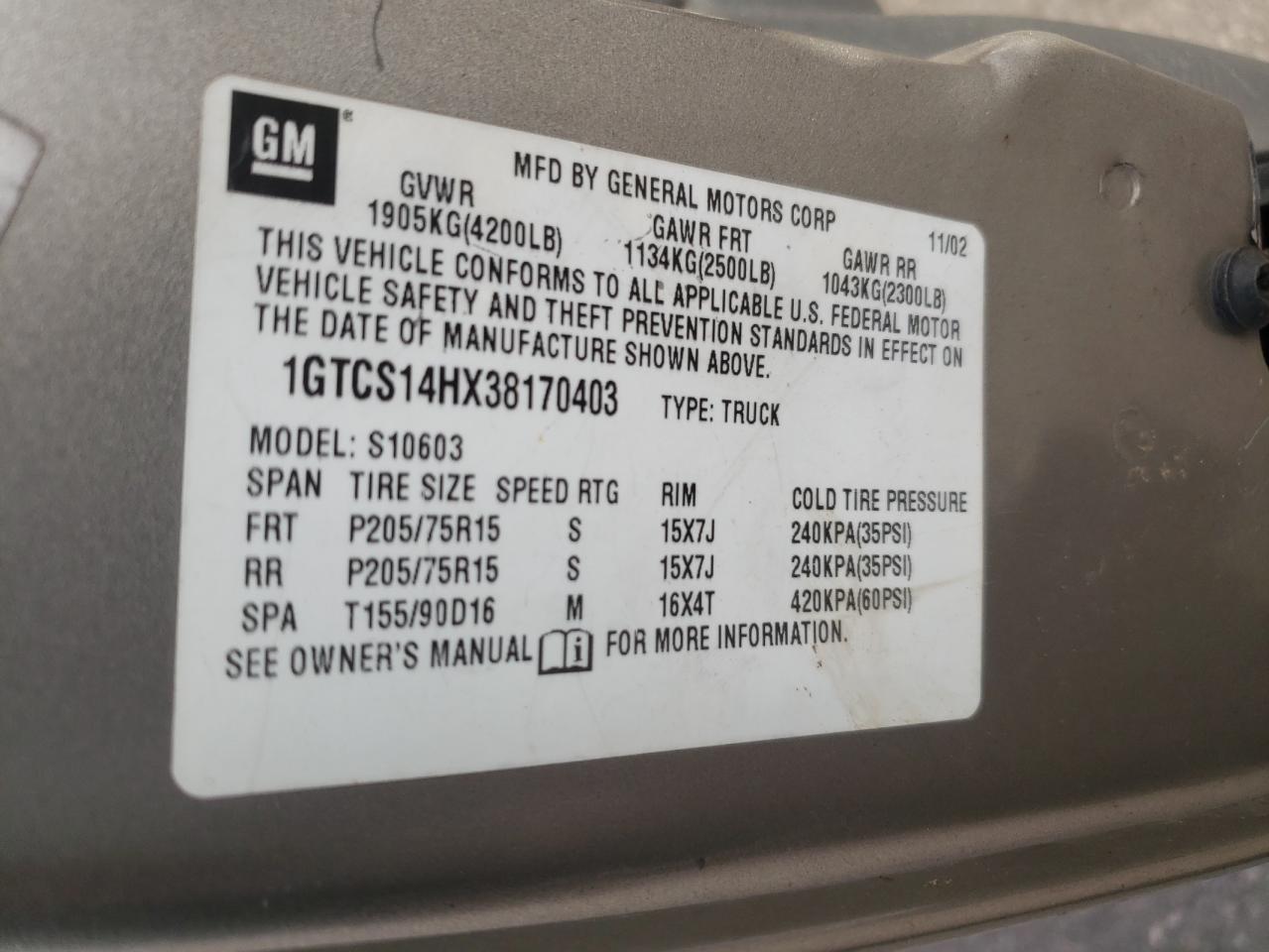 2003 GMC Sonoma VIN: 1GTCS14HX38170403 Lot: 86082775