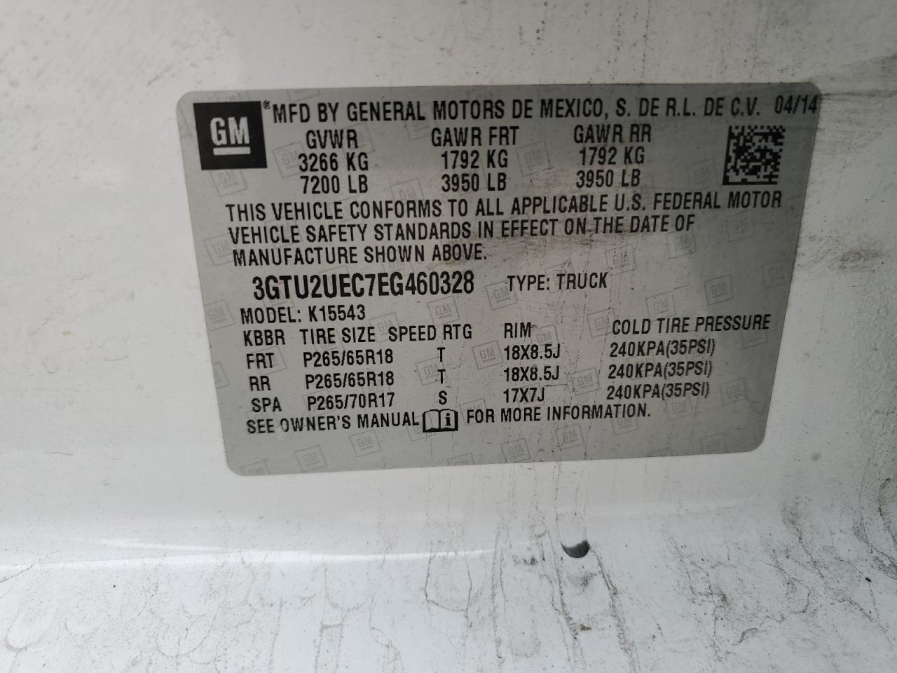 2014 GMC Sierra K1500 Sle VIN: 3GTU2UEC7EG460328 Lot: 90241455