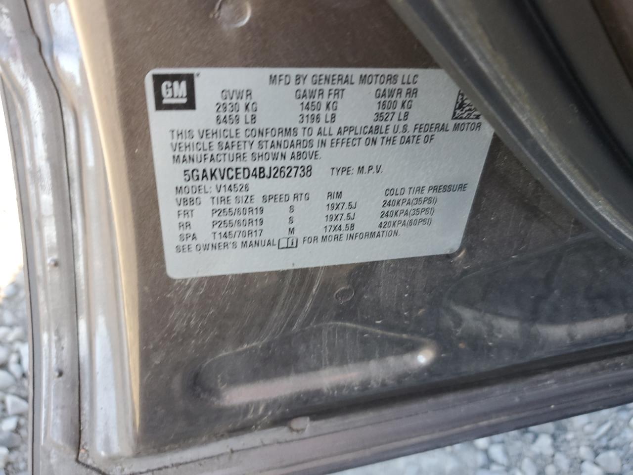 2011 Buick Enclave Cxl VIN: 5GAKVCED4BJ262738 Lot: 85371095