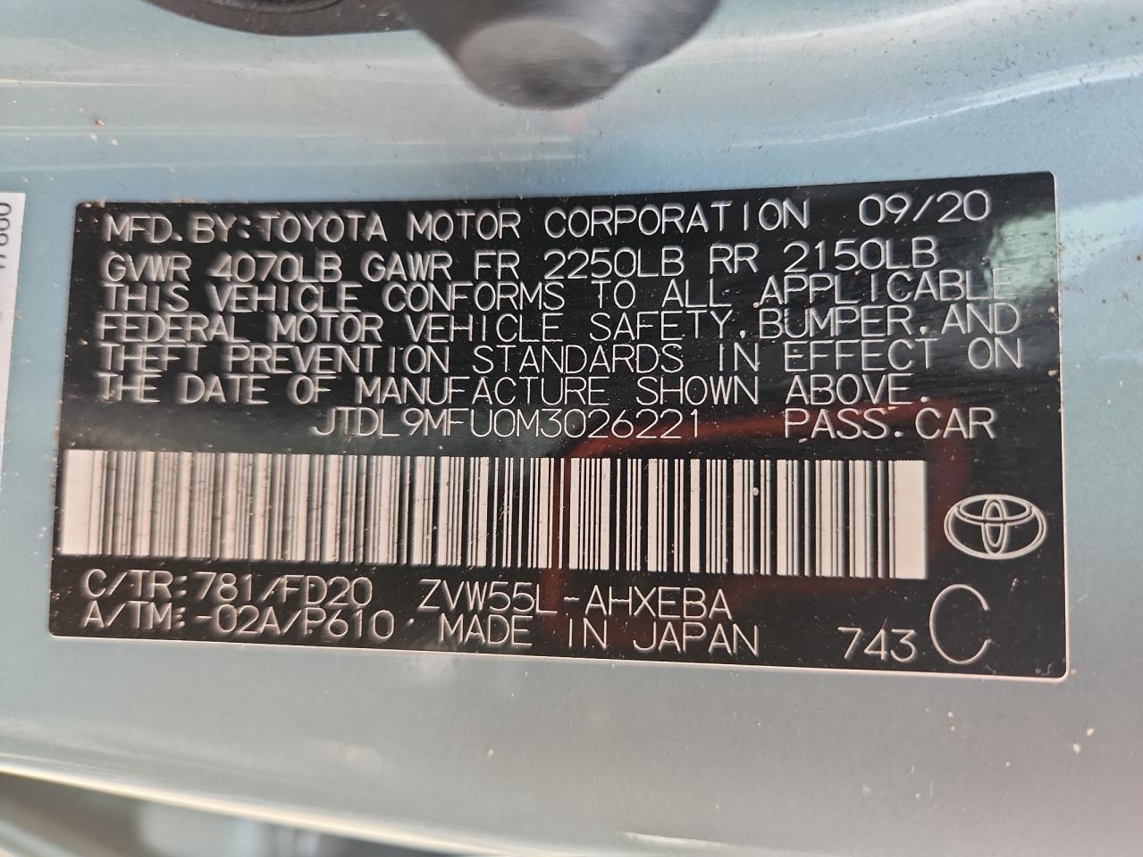 2021 Toyota Prius Le VIN: JTDL9MFU0M3026221 Lot: 85594455