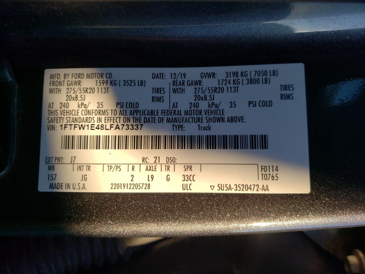 2020 Ford F150 Supercrew VIN: 1FTFW1E48LFA73337 Lot: 85410585