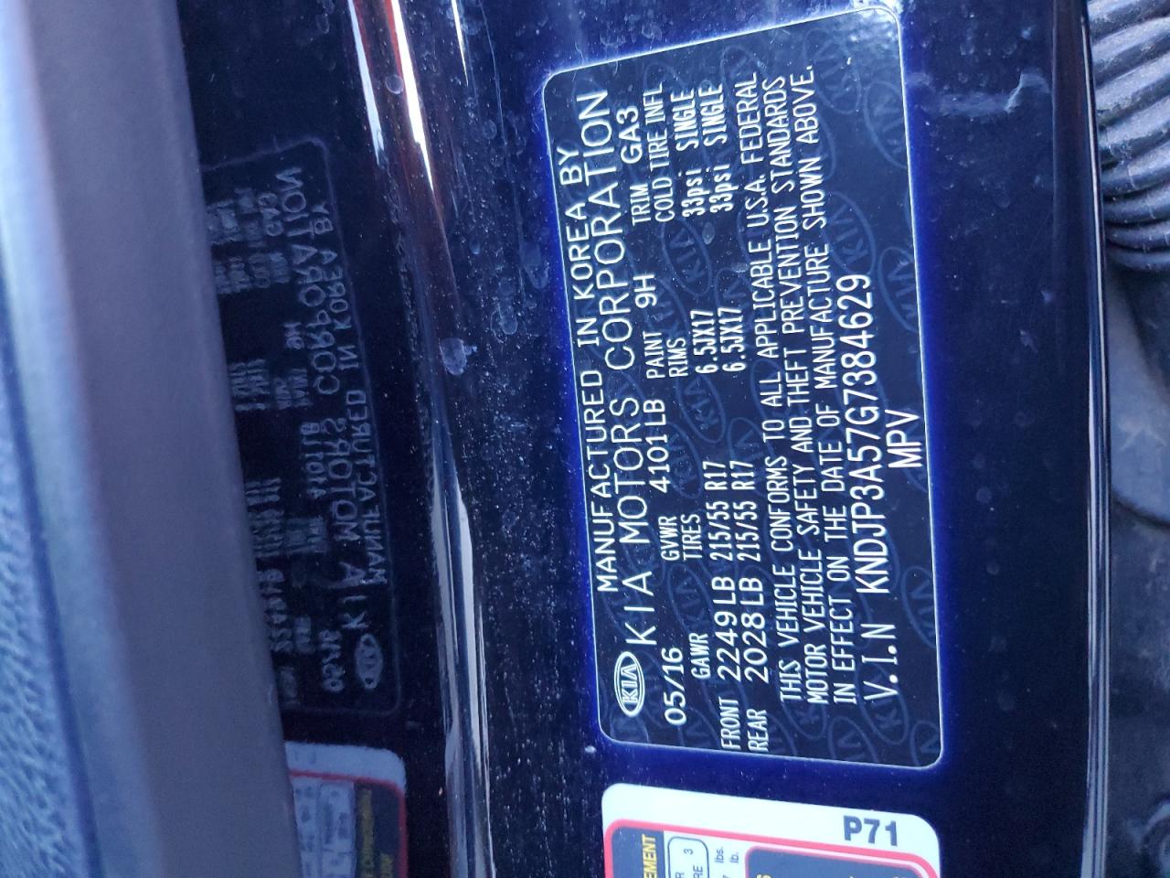 2016 Kia Soul + VIN: KNDJP3A57G7384629 Lot: 85200695