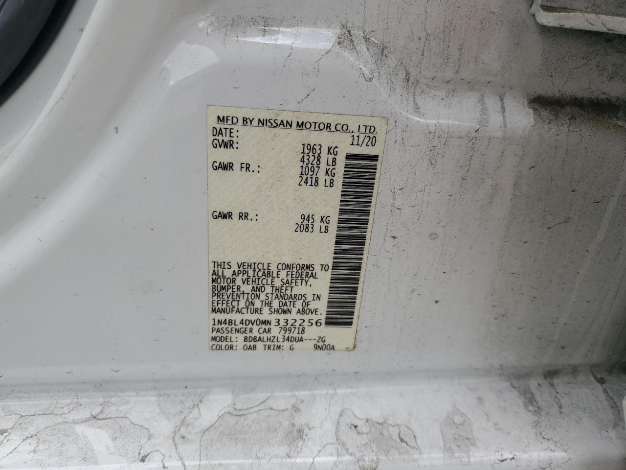 2021 Nissan Altima Sv VIN: 1N4BL4DV0MN332256 Lot: 85830165