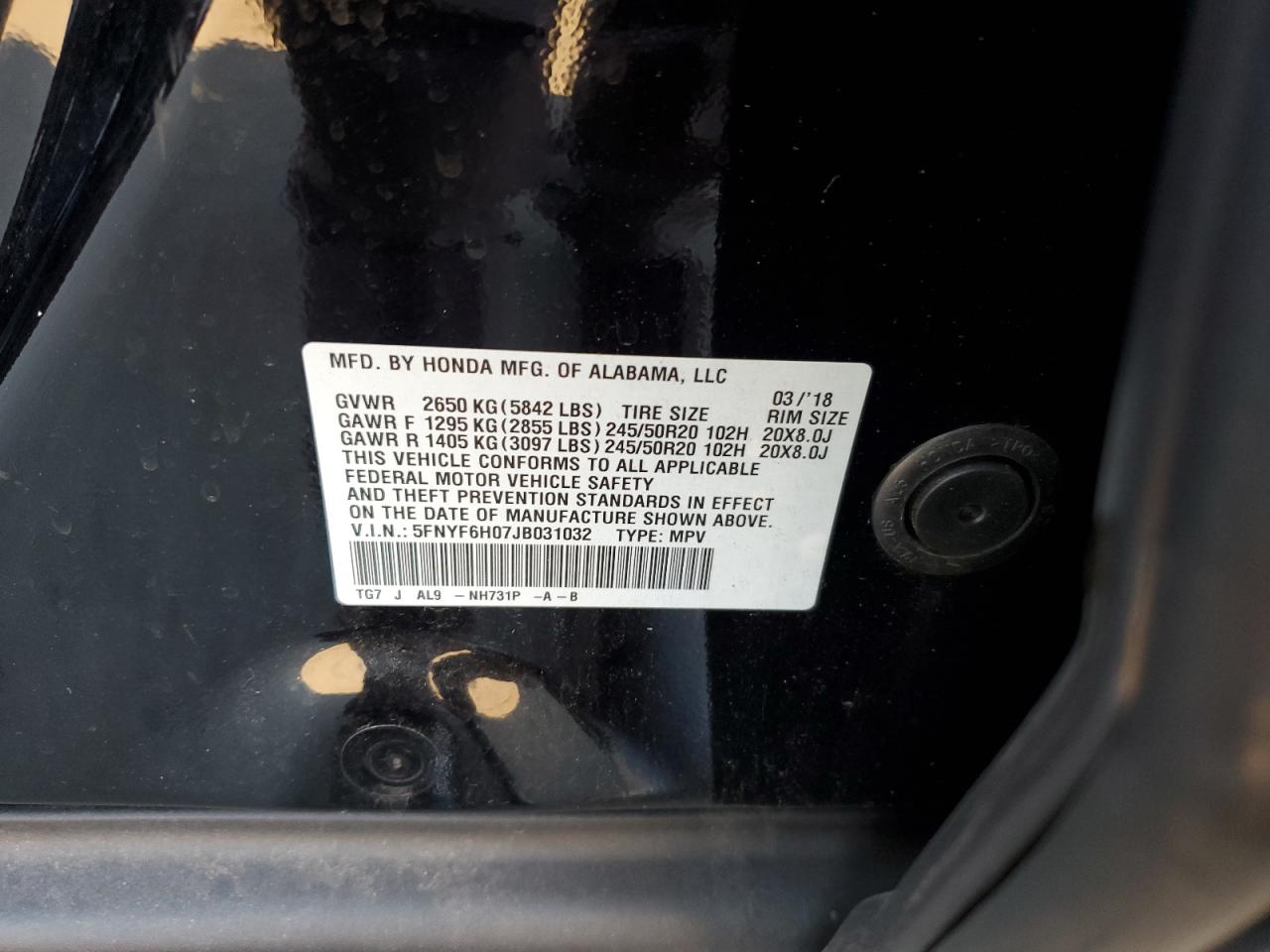 2018 Honda Pilot Elite VIN: 5FNYF6H07JB031032 Lot: 87092275