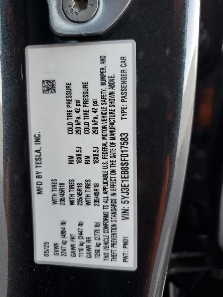 2025 Tesla Model 3 VIN: 5YJ3E1EB8SF017583 Lot: 87253395