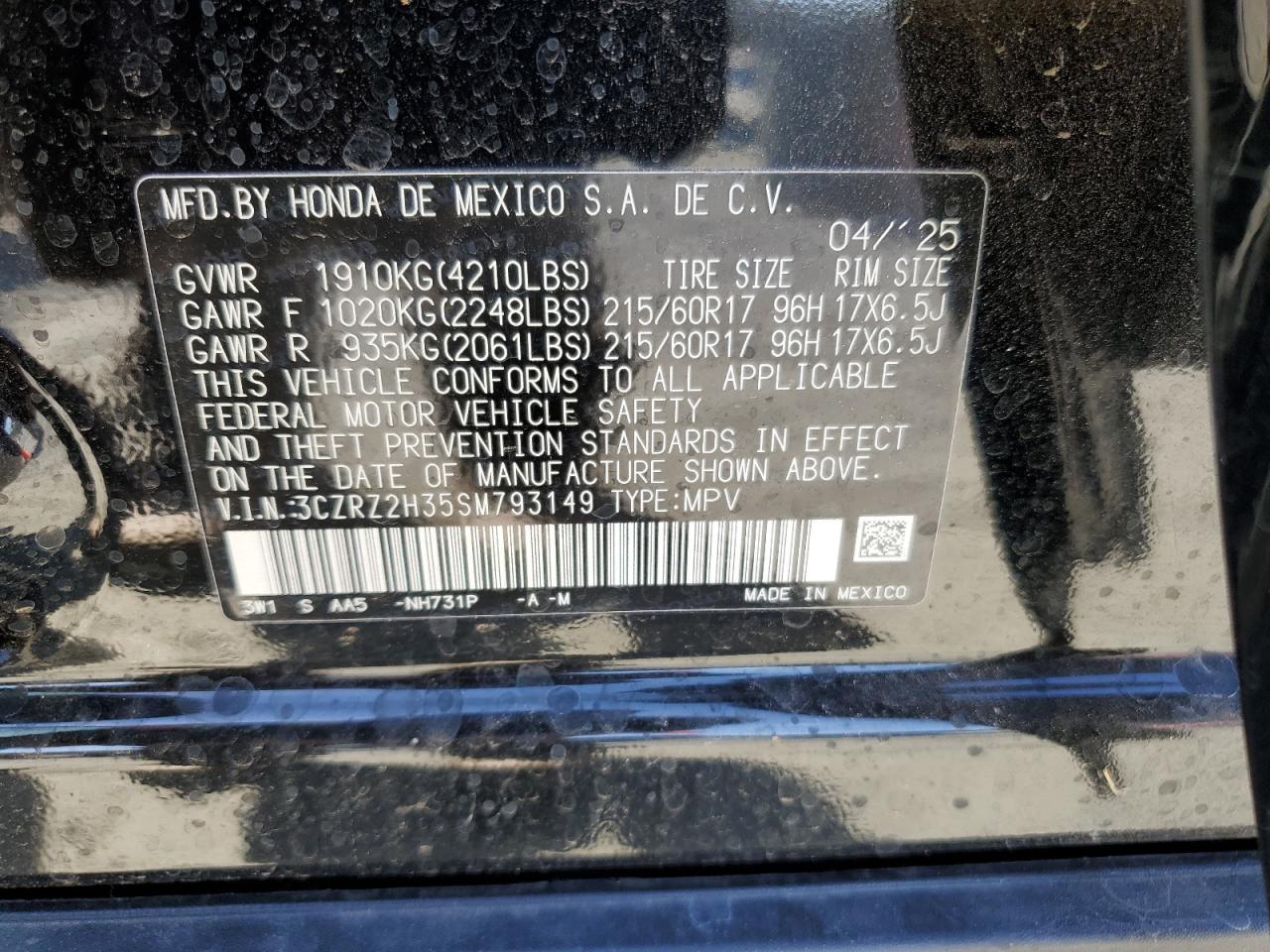 2025 Honda Hr-V Lx VIN: 3CZRZ2H35SM793149 Lot: 81964845